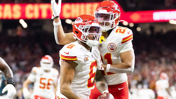 Feb 9, 2025; New Orleans, LA, USA;  Kansas City Chiefs safety Bryan Cook (6) celebrates with teammate Jaden Hicks (21) after an interception against the Philadelphia Eagles in the second quarter in Super Bowl LIX at Ceasars Superdome. Mandatory Credit: Mark J. Rebilas-Imagn Images