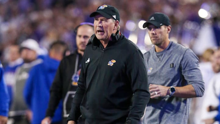 Oct 26, 2024; Manhattan, Kansas, USA; Kansas Jayhawks head coach Lance Leipold yells at his team during the second quarter against the Kansas State Wildcats at Bill Snyder Family Football Stadium. Mandatory Credit: Scott Sewell-Imagn Images Oct 26, 2024; Manhattan, Kansas, USA; Kansas Jayhawks head coach Lance Leipold yells at his team during the second quarter against the Kansas State Wildcats at Bill Snyder Family Football Stadium. Mandatory Credit: Scott Sewell-Imagn Images