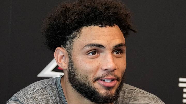 Jul 30, 2026; Atlanta, Falcons, USA; Atlanta Falcons wide receiver Drake London (5) meets with the media during training camp at IBM Performance Field Jul 30, 2026; Atlanta, Falcons, USA; Atlanta Falcons wide receiver Drake London (5) meets with the media during training camp at IBM Performance Field