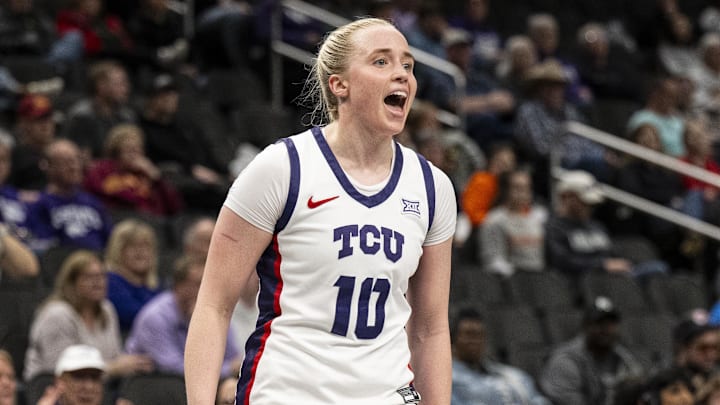 Mar 7, 2025; Kansas City, MO, USA; TCU Horned Frogs guard Hailey Van Lith (10) celebrates after a play against the Colorado Buffaloes during the third quarter at T-Mobile Center. Mandatory Credit: Amy Kontras-Imagn Images
