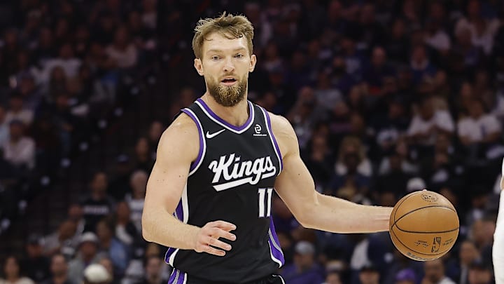 Oct 24, 2025; Sacramento, California, USA; Sacramento Kings center Domantas Sabonis (11) controls the ball against the Utah Jazz during the first quarter at Golden 1 Center. Mandatory Credit: Kelley L Cox-Imagn Images