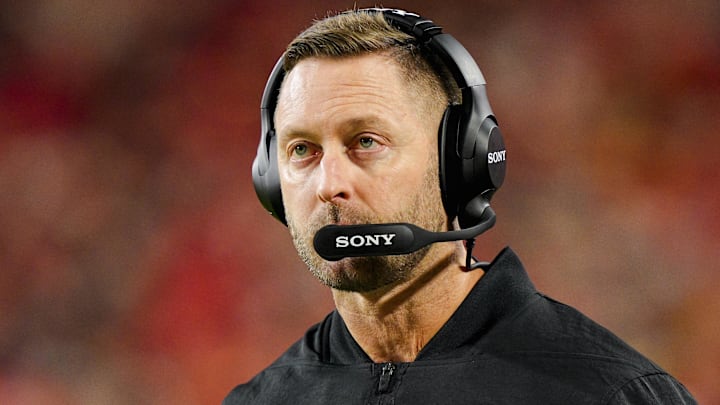 Oct 27, 2025; Kansas City, Missouri, USA; Washington Commanders offensive coordinator Kliff Kingsbury looks on during the first half against the Kansas City Chiefs at GEHA Field at Arrowhead Stadium. Mandatory Credit: Jay Biggerstaff-Imagn Images
