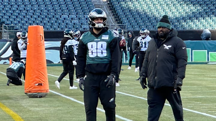 Dallas Goedert prepares for a wildcard game against the Packers during a practice at Lincoln Financial Field. Dallas Goedert prepares for a wildcard game against the Packers during a practice at Lincoln Financial Field.
