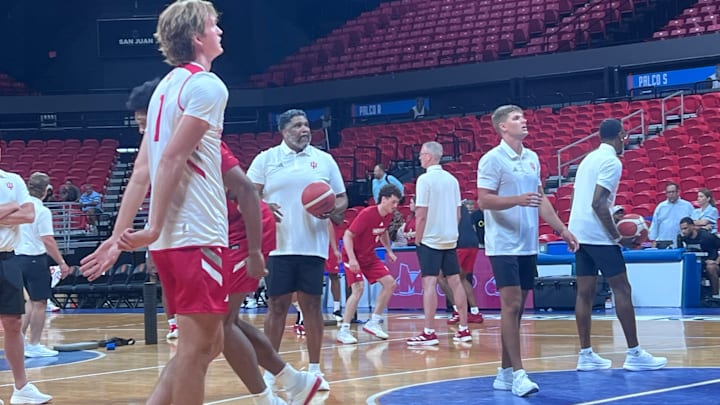 Indiana basketball goes through warmups Aug. 9, 2025, before facing Mega Superbet in an exhibition game in Puerto Rico.