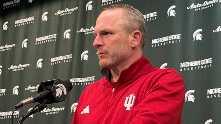 Indiana basketball coach Darian DeVries speaks to media Jan. 13, 2026, after an 81-60 loss to Michigan State in East Lansing.