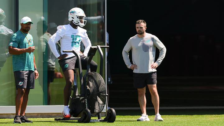 Miami Dolphins wide receiver Chris Bell (18) rides an air bike during rookie minicamp at the Baptist Health Training Complex. Miami Dolphins wide receiver Chris Bell (18) rides an air bike during rookie minicamp at the Baptist Health Training Complex.