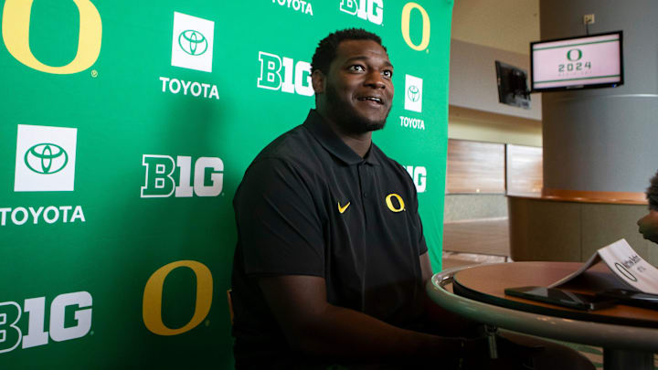 Oregon offensive lineman Matthew Bedford speaks during Oregon football’s media day Monday, July 29, 2024 at Autzen Stadium in Eugene, Ore.