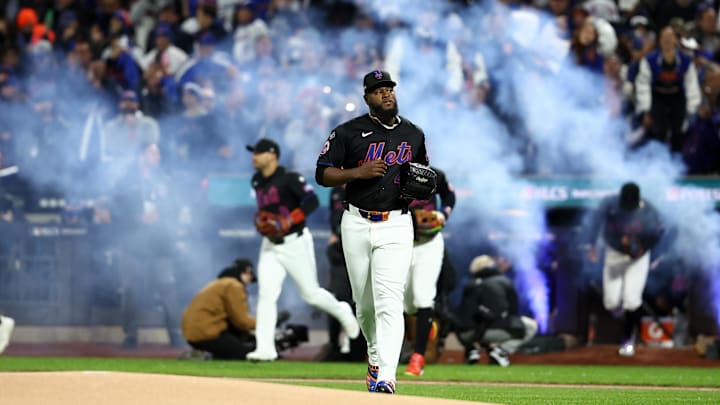 Oct 16, 2024; New York City, New York, USA; New York Mets pitcher Luis Severino (40) takes the mound before game three of the NLCS for the 2024 MLB playoffs at Citi Field. Mandatory Credit: Wendell Cruz-Imagn Images