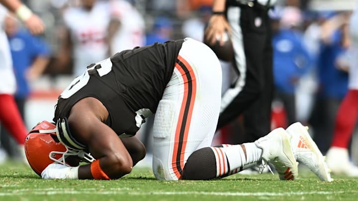 Cleveland Browns defensive end Myles Garrett (95) lies on the ground after being injured during the second half against the New York Giants at Huntington Bank Field.