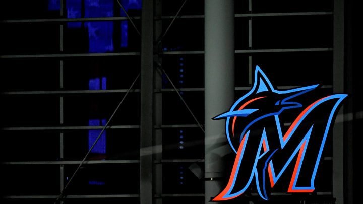 Sep 11, 2020; Miami, Florida, USA; A general view of a illuminated Miami Marlins logo in center field after the Miami Marlins and Philadelphia Phillies split a double header at Marlins Park. Mandatory Credit: Jasen Vinlove-USA TODAY Sports