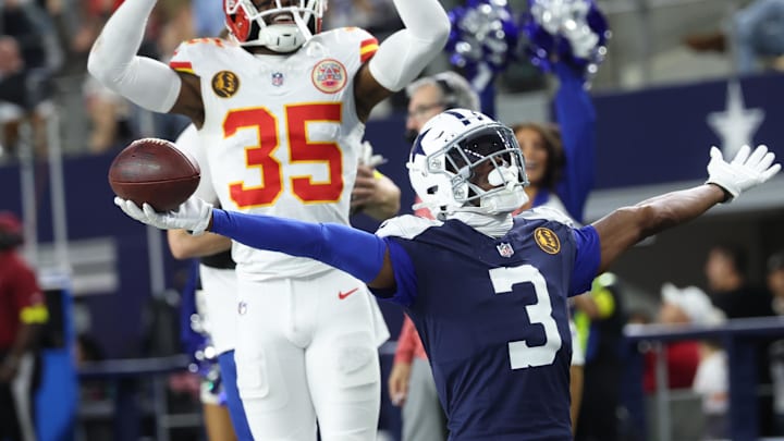 Dallas Cowboys wide receiver George Pickens celebrates after catching a pass two-point conversion against Kansas City Chiefs Dallas Cowboys wide receiver George Pickens celebrates after catching a pass two-point conversion against Kansas City Chiefs
