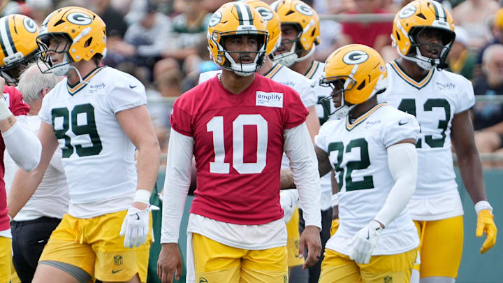 Green Bay Packers quarterback Jordan Love (10) is seen during the second day of training camp on Thursday, July 24, 2025, at Ray Nitschke Field in Ashwaubenon, Wis.