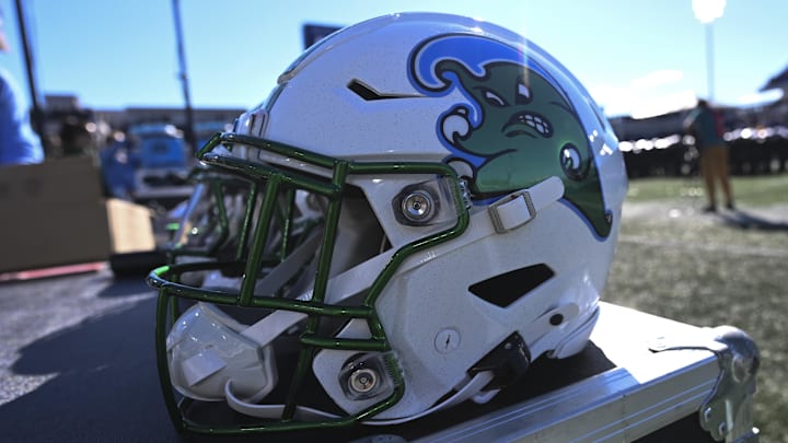 Nov 16, 2024; Annapolis, Maryland, USA; S detailed view of Tulane Green Wave helmet during the second half  against the Navy Midshipmen at Navy-Marine Corps Memorial Stadium.