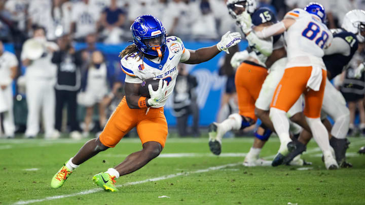 Dec 31, 2024; Glendale, AZ, USA; Boise State Broncos running back Ashton Jeanty (2) against the Penn State Nittany Lions during the Fiesta Bowl at State Farm Stadium. Mandatory Credit: Mark J. Rebilas-Imagn Images