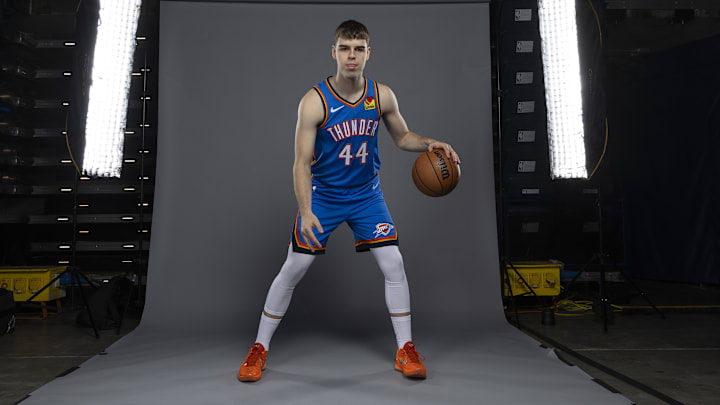 Sep 29, 2025; Oklahoma City, OK, USA; Oklahoma City Thunder guard Nikola Topic (44) poses for a photo during the 2025 Oklahoma City Thunder media day at Paycom Center. Mandatory Credit: Alonzo Adams-Imagn Images