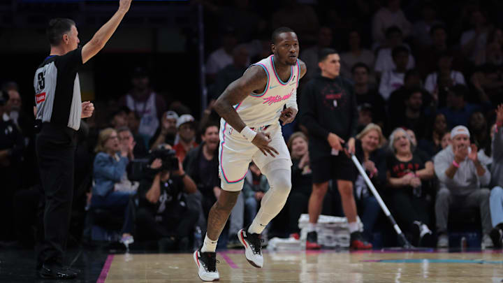 Mar 8, 2025; Miami, Florida, USA; Miami Heat guard Terry Rozier (2) reacts after scoring against the Chicago Bulls during the first quarter at Kaseya Center. Mandatory Credit: Sam Navarro-Imagn Images