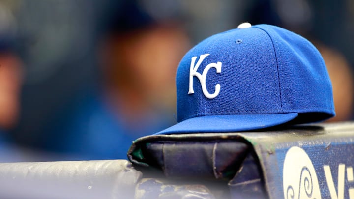 Aug 30, 2015; St. Petersburg, FL, USA; Kansas City Royals hat lays in the dugout against the Tampa Bay Rays at Tropicana Field. Mandatory Credit: Kim Klement-Imagn Images