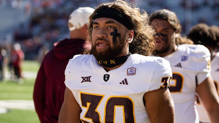 Nov 30, 2024; Tucson, Arizona, USA; Arizona State Sun Devils linebacker Zyrus Fiaseu (30) against the Arizona Wildcats during the Territorial Cup at Arizona Stadium. Mandatory Credit: Mark J. Rebilas-Imagn Images