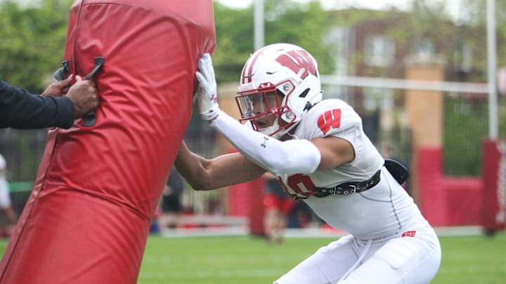 Wisconsin defensive back Nyzier Fourqurean warms up during the team's final spring practice, which was held on the field north of Camp Randall Stadium on Thursday May 2, 2024 in Madison, Wisconsin.