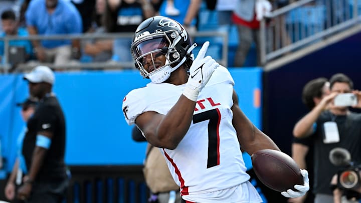 Atlanta Falcons running back Bijan Robinson scored two rushing touchdowns in the first half Sunday at the Carolina Panthers. Atlanta Falcons running back Bijan Robinson scored two rushing touchdowns in the first half Sunday at the Carolina Panthers.