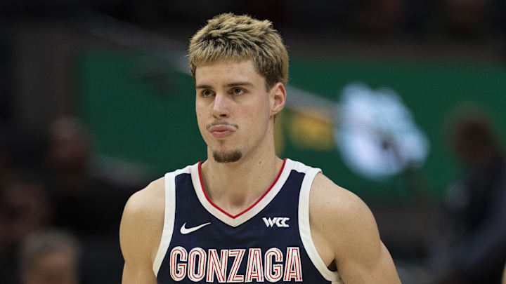 Feb 18, 2026; San Francisco, California, USA;  Gonzaga Bulldogs guard Mario Saint-Supery (17) before the start of the game against the San Francisco Dons at Chase Center. 