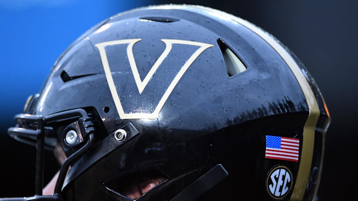 Sep 3, 2022; Nashville, Tennessee, USA; View of a Vanderbilt Commodores helmet before the game against the Elon Phoenix at FirstBank Stadium. Mandatory Credit: Christopher Hanewinckel-Imagn Images Sep 3, 2022; Nashville, Tennessee, USA; View of a Vanderbilt Commodores helmet before the game against the Elon Phoenix at FirstBank Stadium. Mandatory Credit: Christopher Hanewinckel-Imagn Images