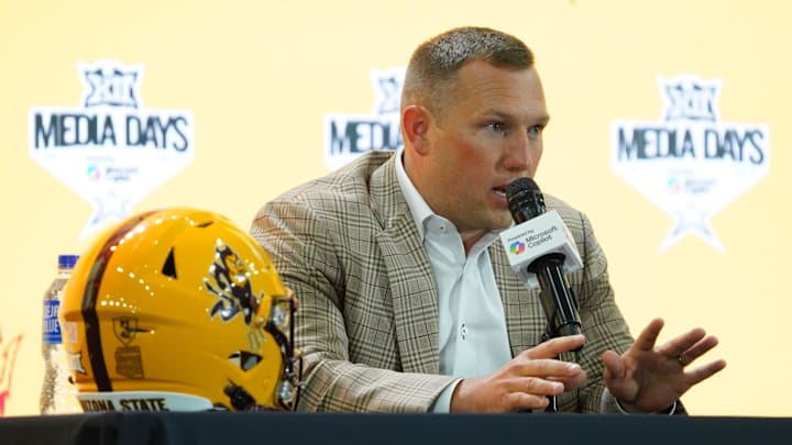 Jul 8, 2025; Frisco, TX, USA; Arizona State head coach Kenny Dillingham addresses the media during 2025 Big 12 Football Media Days at The Star. Mandatory Credit: Raymond Carlin III-Imagn Images
