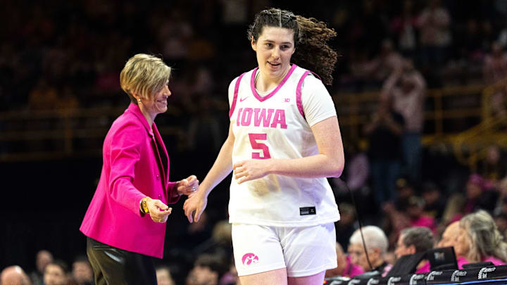 Iowa center Ava Heiden (5) checks out of the game against the Washington Huskies Feb. 11, 2026 at Carver-Hawkeye Arena in Iowa City, Iowa.