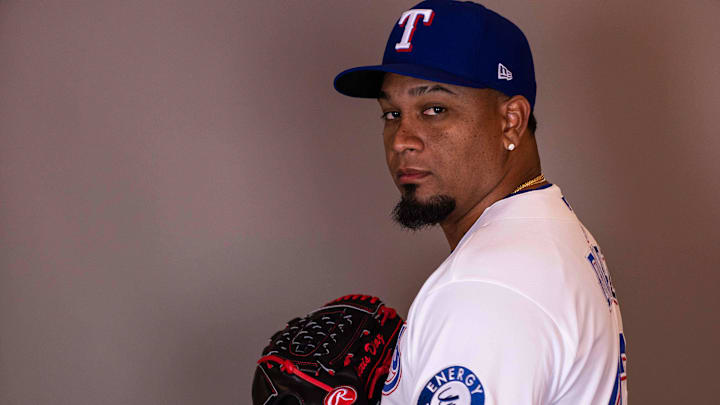 Feb 17, 2026; Surprise, AZ, USA; Texas Rangers pitcher Alexis Diaz during media day at Surprise Sports Complex. Mandatory Credit: Arianna Grainey-Imagn Images