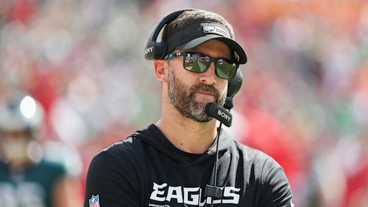 Sep 28, 2025; Tampa, Florida, USA; Philadelphia Eagles head coach Nick Sirianni looks on during the second half against the Tampa Bay Buccaneers at Raymond James Stadium. Mandatory Credit: Kim Klement Neitzel-Imagn Images