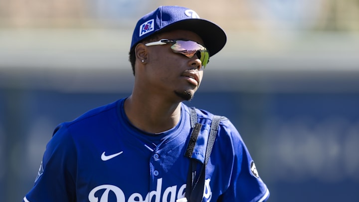 Feb 20, 2025; Phoenix, Arizona, USA; Los Angeles Dodgers outfielder Josue De Paula against the Chicago Cubs during a spring training game at Camelback Ranch-Glendale. Mandatory Credit: Mark J. Rebilas-Imagn Images Feb 20, 2025; Phoenix, Arizona, USA; Los Angeles Dodgers outfielder Josue De Paula against the Chicago Cubs during a spring training game at Camelback Ranch-Glendale. Mandatory Credit: Mark J. Rebilas-Imagn Images