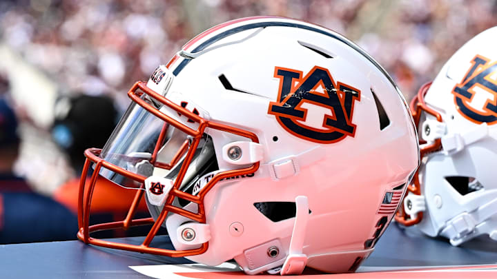 Sep 23, 2023; College Station, Texas, USA; A detailed view of an Auburn Tigers helmet on the sideline of the game against the Texas A&M Aggies at Kyle Field. Mandatory Credit: Maria Lysaker-Imagn Images