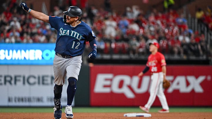 Apr 24, 2026: Seattle Mariners first baseman Josh Naylor (12) reacts as he runs the bases after hitting a solo home run against the St. Louis Cardinals during the sixth inning at Busch Stadium. 