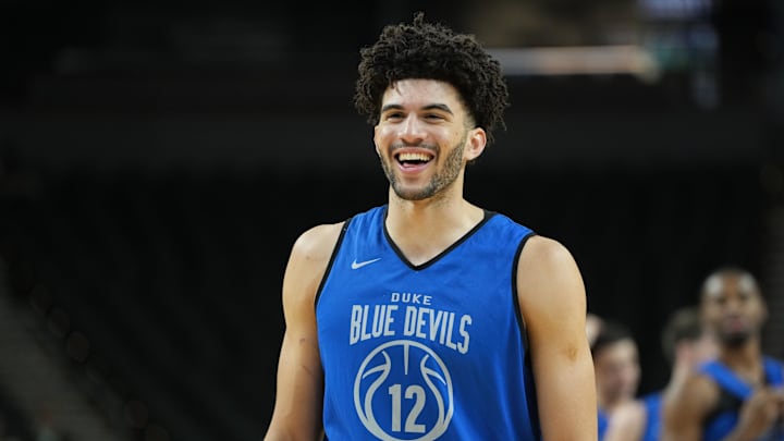 Mar 18, 2026; Greenville, SC, USA; Duke Blue Devils forward Cameron Boozer (12) reacts during a practice session ahead of the first round of the men's 2026 NCAA Tournament.