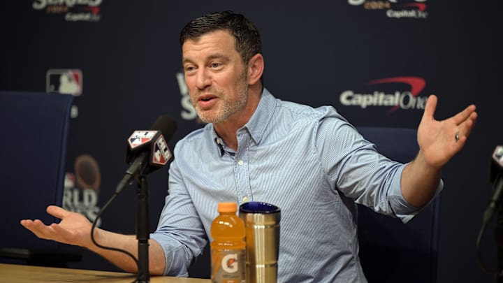 Oct 25, 2024; Los Angeles, California, USA; Los Angeles Dodgers president of baseball operations Andrew Friedman speaks in a press conference before game one against the New York Yankees in the 2024 MLB World Series at Dodger Stadium. Mandatory Credit: Jayne Kamin-Oncea-Imagn Images Oct 25, 2024; Los Angeles, California, USA; Los Angeles Dodgers president of baseball operations Andrew Friedman speaks in a press conference before game one against the New York Yankees in the 2024 MLB World Series at Dodger Stadium. Mandatory Credit: Jayne Kamin-Oncea-Imagn Images