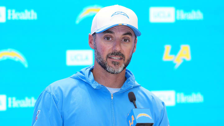 Aug 7, 2025; El Segundo, CA, USA; Los Angeles Chargers defensive coordinator Jesse Minter at press conference during training camp at The Bolt. Mandatory Credit: Kirby Lee-Imagn Images