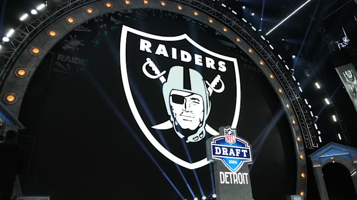 Apr 25, 2024; Detroit, MI, USA; A Las Vegas Raiders logo at the 2024 NFL Draft at Campus Martius Park and Hart Plaza. Mandatory Credit: Kirby Lee-Imagn Images
