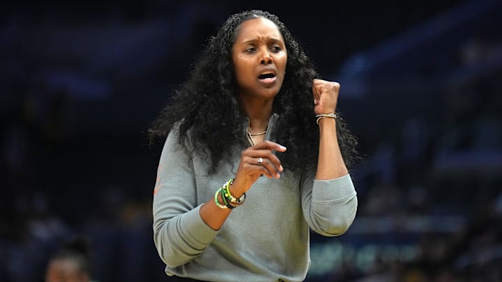Sep 11, 2024; Los Angeles, California, USA; Seattle Storm coach Noelle Quinn reacts against the LA Sparks in the first half at Crypto.com Arena. Mandatory Credit: Kirby Lee-Imagn Images