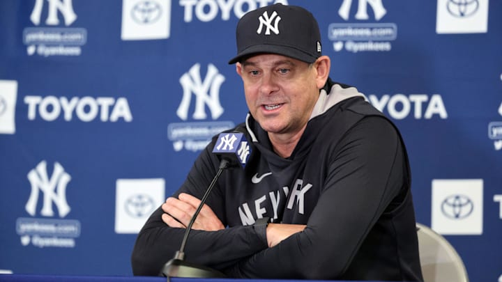 Feb 11, 2025; Tampa, FL, USA; New York Yankees manager Aaron Boone talks with media during a press conference as spring training starts at George M. Steinbrenner Field Feb 11, 2025; Tampa, FL, USA; New York Yankees manager Aaron Boone talks with media during a press conference as spring training starts at George M. Steinbrenner Field