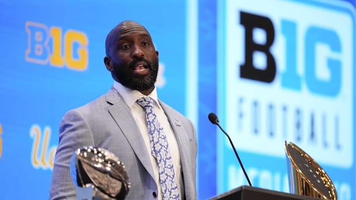 UCLA head coach DeShaun Foster speaks to the media during the Big Ten Football Media Days in Las Vegas. UCLA head coach DeShaun Foster speaks to the media during the Big Ten Football Media Days in Las Vegas.