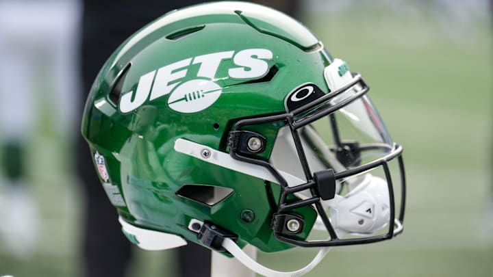 Aug 12, 2023; Charlotte, North Carolina, USA; New York Jets helmet during the second quarter against the Carolina Panthers at Bank of America Stadium. Mandatory Credit: Jim Dedmon-Imagn Images
