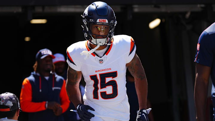 Aug 25, 2024; Denver, Colorado, USA; Denver Broncos wide receiver Jalen Virgil (15) before the game against the Denver Broncos at Empower Field at Mile High. 