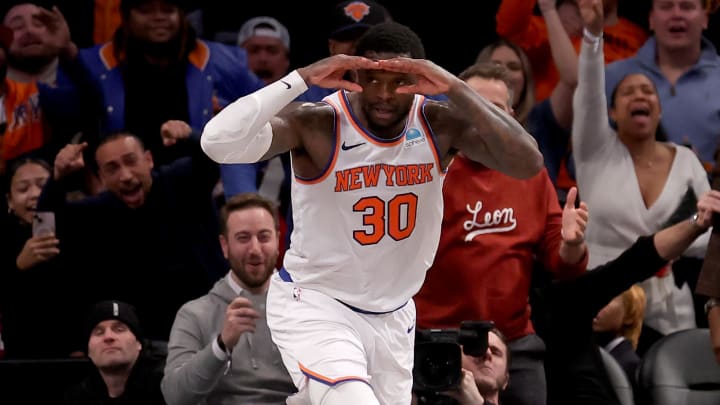 Jan 23, 2024; Brooklyn, New York, USA; New York Knicks forward Julius Randle (30) celebrates a dunk against the Brooklyn Nets during the fourth quarter at Barclays Center. Mandatory Credit: Brad Penner-USA TODAY Sports