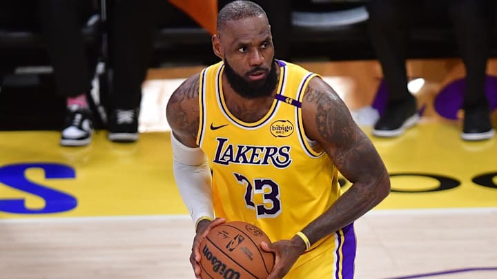 Los Angeles Lakers forward LeBron James (23) controls the ball against the Minnesota Timberwolves during the second half in game five of first round for the 2025 NBA Playoffs at Crypto.com Arena.