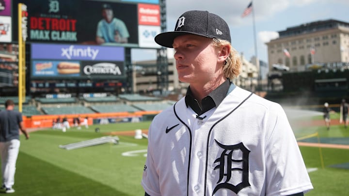 Detroit Tigers first-round draft pick Max Clark walks on the field before a game between the Tigers and Padres.