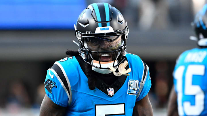 Oct 13, 2024; Charlotte, North Carolina, USA; Carolina Panthers wide receiver Diontae Johnson (5) reacts after making a catch in the first quarter at Bank of America Stadium. Mandatory Credit: Bob Donnan-Imagn Images