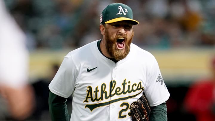 Jul 19, 2024; Oakland, California, USA; Oakland Athletics pitcher Austin Adams (29) reacts after the Athletics recorded an out against the Los Angeles Angels in the sixth inning at Oakland-Alameda County Coliseum. Mandatory Credit: Cary Edmondson-USA TODAY Sports Jul 19, 2024; Oakland, California, USA; Oakland Athletics pitcher Austin Adams (29) reacts after the Athletics recorded an out against the Los Angeles Angels in the sixth inning at Oakland-Alameda County Coliseum. Mandatory Credit: Cary Edmondson-USA TODAY Sports