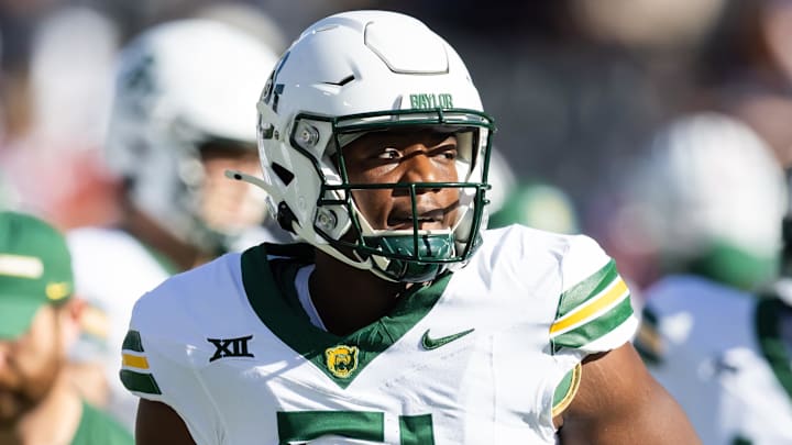 Nov 22, 2025; Tucson, Arizona, USA; Baylor Bears linebacker Kamauryn Morgan (51) against the Arizona Wildcats at Casino Del Sol Stadium. Mandatory Credit: Mark J. Rebilas-Imagn Images