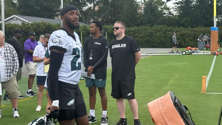 James Bradberry takes the field for the first day of Eagles' training camp on July 24, 2024. James Bradberry takes the field for the first day of Eagles' training camp on July 24, 2024.