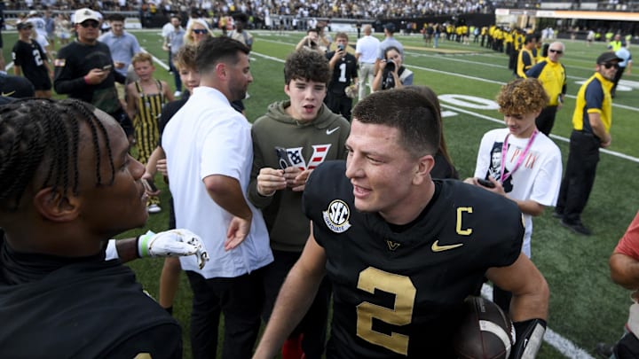 Oct 18, 2025; Nashville, Tennessee, USA;  Vanderbilt Commodores quarterback Diego Pavia (2) celebrates the win against the Louisiana State Tigers during the second half at FirstBank Stadium. Mandatory Credit: Steve Roberts-Imagn Images